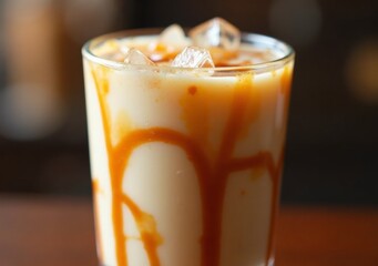 Delicious cold beverage with caramel drizzle served in a glass filled with ice