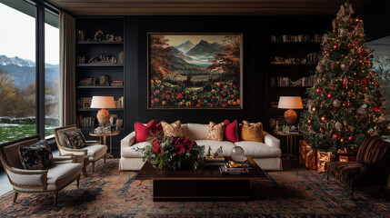 Cozy Christmas Living Room: Luxurious mountain view, elegant Christmas tree, and comfortable seating create a festive and sophisticated holiday ambiance.