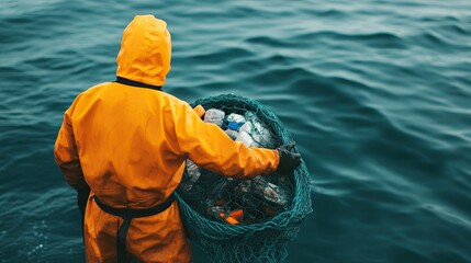A person in a yellow waterproof suit collects plastic waste from the ocean, promoting marine conservation and environmental awareness.