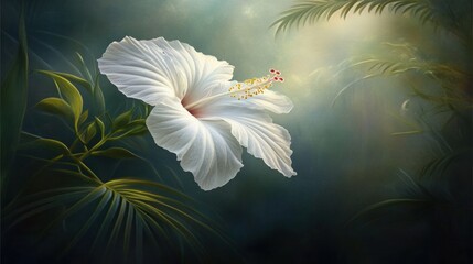 Luminous white hibiscus flower in lush tropical foliage.