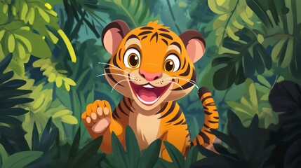 Cute tiger cub peeking from lush green jungle foliage, playful expression.