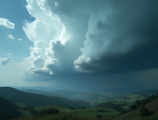 Mesocyclonic weather formation, thunderclouds floating majestically over the hills