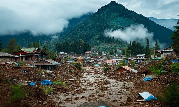A landscape showing destruction from a mudslide near a mountainous village.