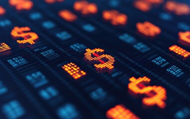 A digital display showing dollar signs in vibrant orange against a dark background, symbolizing finance and digital currency.