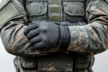 military support alliance concept. A soldier in camouflage gear stands with crossed arms, wearing tactical gloves, showcasing a serious and prepared demeanor.