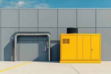 Yellow Industrial Generator with Pipe against Gray Wall Background