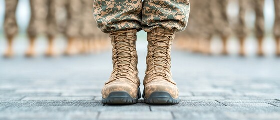 military support alliance concept. A close-up of military boots on a soldier standing at attention, with other soldiers lined up in the background.
