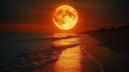 Obraz premium Serene Ocean Landscape with Glowing Orange Moon