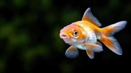 Close-up of an orange and white goldfish swimming against a dark background.