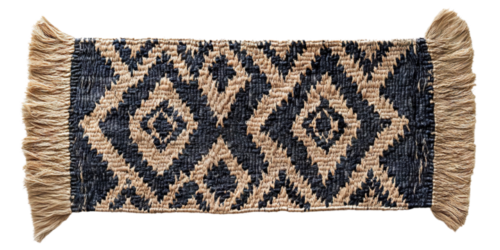 Handwoven decorative rug with geometric black and beige patterns, isolated on transparent cutout background