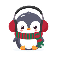 cute baby penguin in headphones isolated on white background flat illustration
