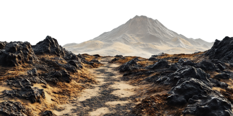 Dramatic volcanic landscape with rocky terrain and a towering mountain, isolated on white background