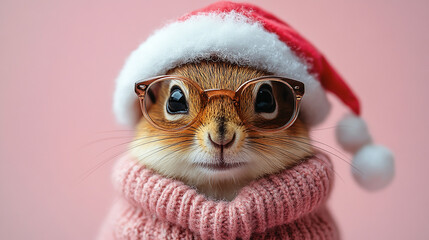 Obraz premium Merry Christmas concept holiday vacation winter animal pet greeting card - Cool Santa Claus dog, cat, dear, rat, with sunglasses and Santa hat, isolated on red background