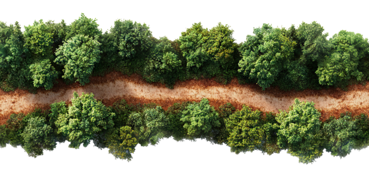 Aerial view of a forest path surrounded by green trees, isolated on transparent cutout background

