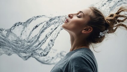 A person performing deep breathing exercises is depicted against a white background, enhanced by flowing air wave visuals