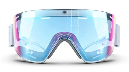 Futuristic and innovative transparent high tech protective goggles designed for winter sports and adventure activities  The sleek and modern design features a vibrant color scheme connectivity