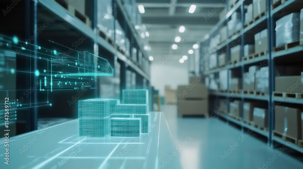 Poster Warehouse inventory management system with digital holographic projection of boxes on a table.