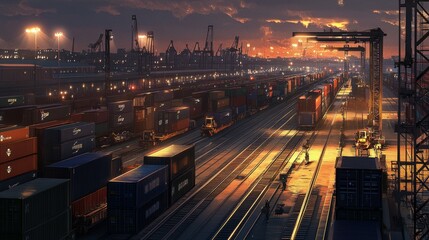 Container shipping operations at a busy port evening scene industrial environment aerial view logistics concept
