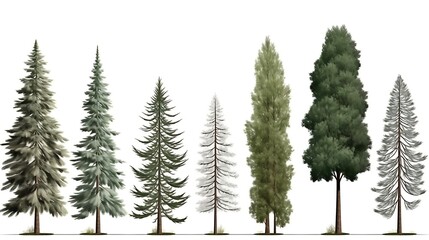 Obraz premium Collection of various conifer trees isolated on white background.