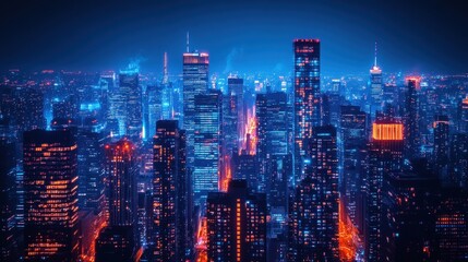 Obraz premium Night cityscape, vibrant lights, towering buildings.