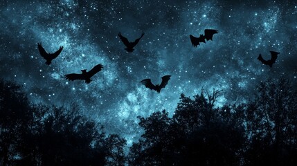 Fototapeta premium Bats flying under starry sky at night nature photography mystical atmosphere dark forest wide angle view enigmatic creatures