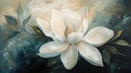 Close-up of a single, large, white magnolia blossom with green leaves against a dark teal background.