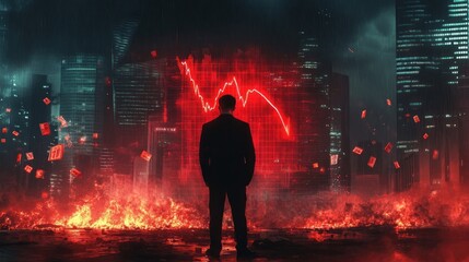 Man in suit facing a city burning with a falling stock market graph.