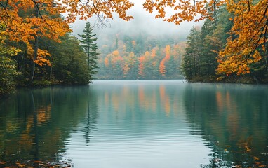 Obraz premium Serene autumn lake reflecting colorful foliage in misty mountain landscape.