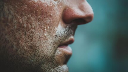 Obraz premium Close-up shot of a man's face with sweat droplets and textured skin.