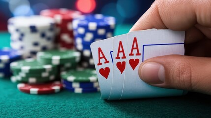 Close-Up of a Hand Holding Three Ace Cards Above Colorful Poker Chips on a Green Table