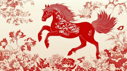 Dynamic red horse illustration artistic presentation floral background vibrant colors contemporary style