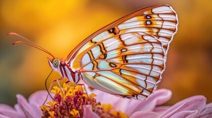 Close-up of a vibrant butterfly on a pink flower.