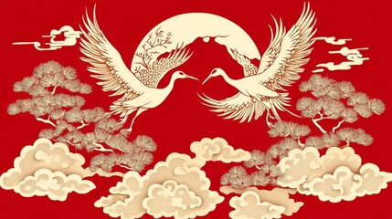 Cranes dancing under the full moon traditional art cultural display red background aesthetic view symbol of harmony