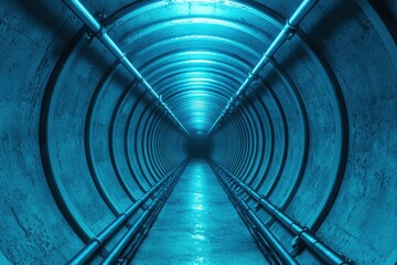 underwater tunnel depth concept. A dark, illuminated tunnel with a smooth, metallic surface and blue lighting creates a mysterious and futuristic atmosphere.