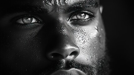 Close-up, sweaty man, intense gaze, black and white.