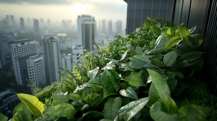 Lush greenery on a balcony overlooking a cityscape.