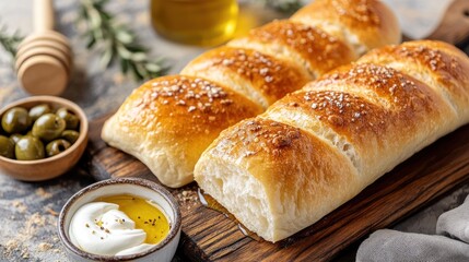 Freshly baked Saudi bread (Tamiz) on a wooden board, with bowls of honey, cream, and olives 