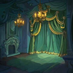 Elegant theater interior with green drapes.