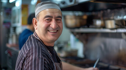 A smiling male cook chef in a commercial kitchen, wearing a white uniform and hat, preparing dishes with fresh ingredients in a lively environment.  
