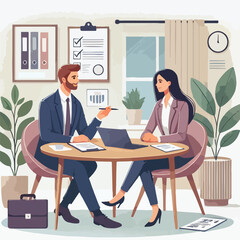 Partners meeting for business discussion with documents and laptop on desk. Couple at round table, speaking, discussing work, partnership. Flat vector illustration isolated on white background