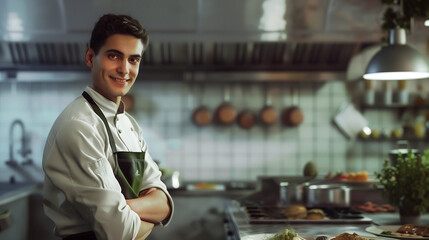 A smiling male cook chef in a commercial kitchen, wearing a white uniform and hat, preparing dishes with fresh ingredients in a lively environment.  
