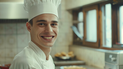 A smiling male cook chef in a commercial kitchen, wearing a white uniform and hat, preparing dishes with fresh ingredients in a lively environment.  
