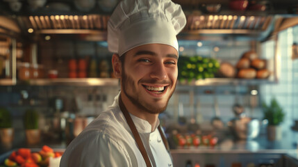 A smiling male cook chef in a commercial kitchen, wearing a white uniform and hat, preparing dishes with fresh ingredients in a lively environment.  
