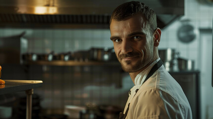 A smiling male cook chef in a commercial kitchen, wearing a white uniform and hat, preparing dishes with fresh ingredients in a lively environment.  
