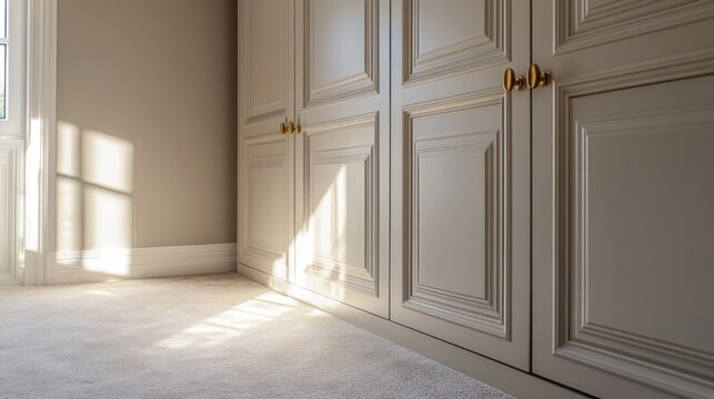 Sunlight illuminates a beige built-in wardrobe with gold knobs in a room with beige walls and carpet.