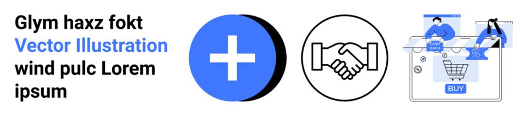 First-aid cross, handshake symbol, and e-commerce website with shopping cart. Ideal for healthcare, business collaboration, online shopping, digital marketing, partnerships, medical services