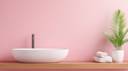 Fototapeta premium Modern Minimalist Bathroom Design with White Basin, Wood Shelf, Green Plant, and Pink Wall Background