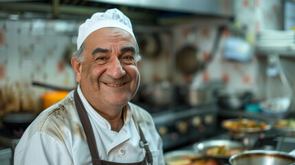 A smiling male cook chef in a commercial kitchen, wearing a white uniform and hat, preparing dishes with fresh ingredients in a lively environment.  
