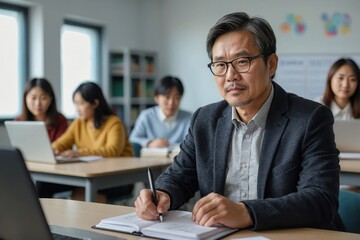 Fototapeta premium E-Teaching. Korean Middle Aged Man Teacher Using Laptop And Taking Notes Preparing For Virtual Lecture Sitting At Desk