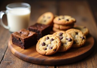 Homemade chocolate chip cookies and brownies on a wooden platter with milk